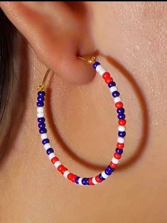 Jewelry - Gold Hoop Earrings with Red, White & Blue Seed Beads
